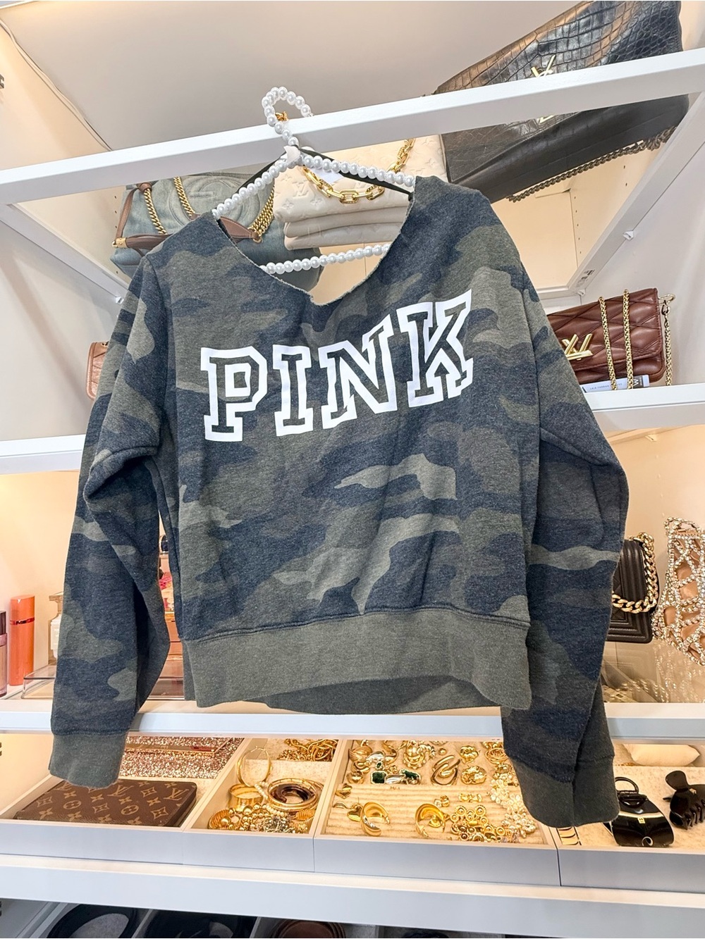 PINK Victoria's Secret Olive Green Camo Crewneck Sweatshirt